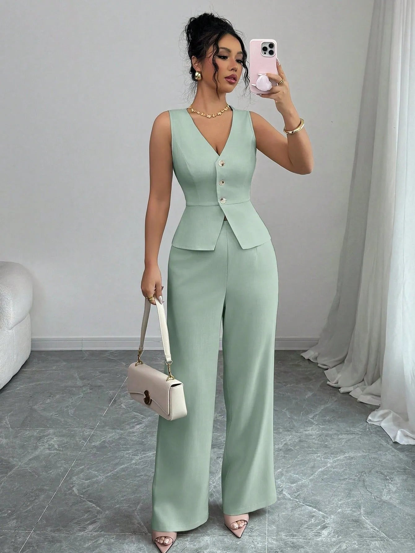 Women's solid colour sleeveless vest and high waist trousers two-piece set in Japanese Korean casual style