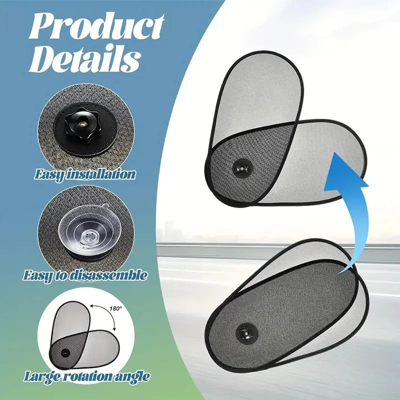 Black breathable car window shades stretched across a car side window with suction cup attachments