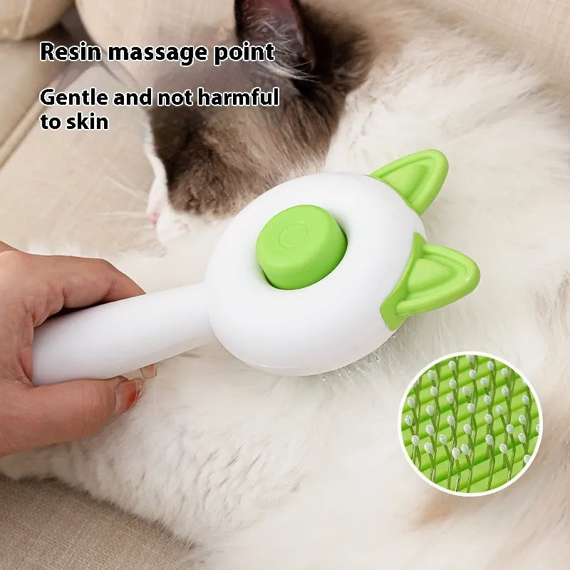 Self-cleaning pet grooming comb for cats in greenish white colour with stainless steel teeth