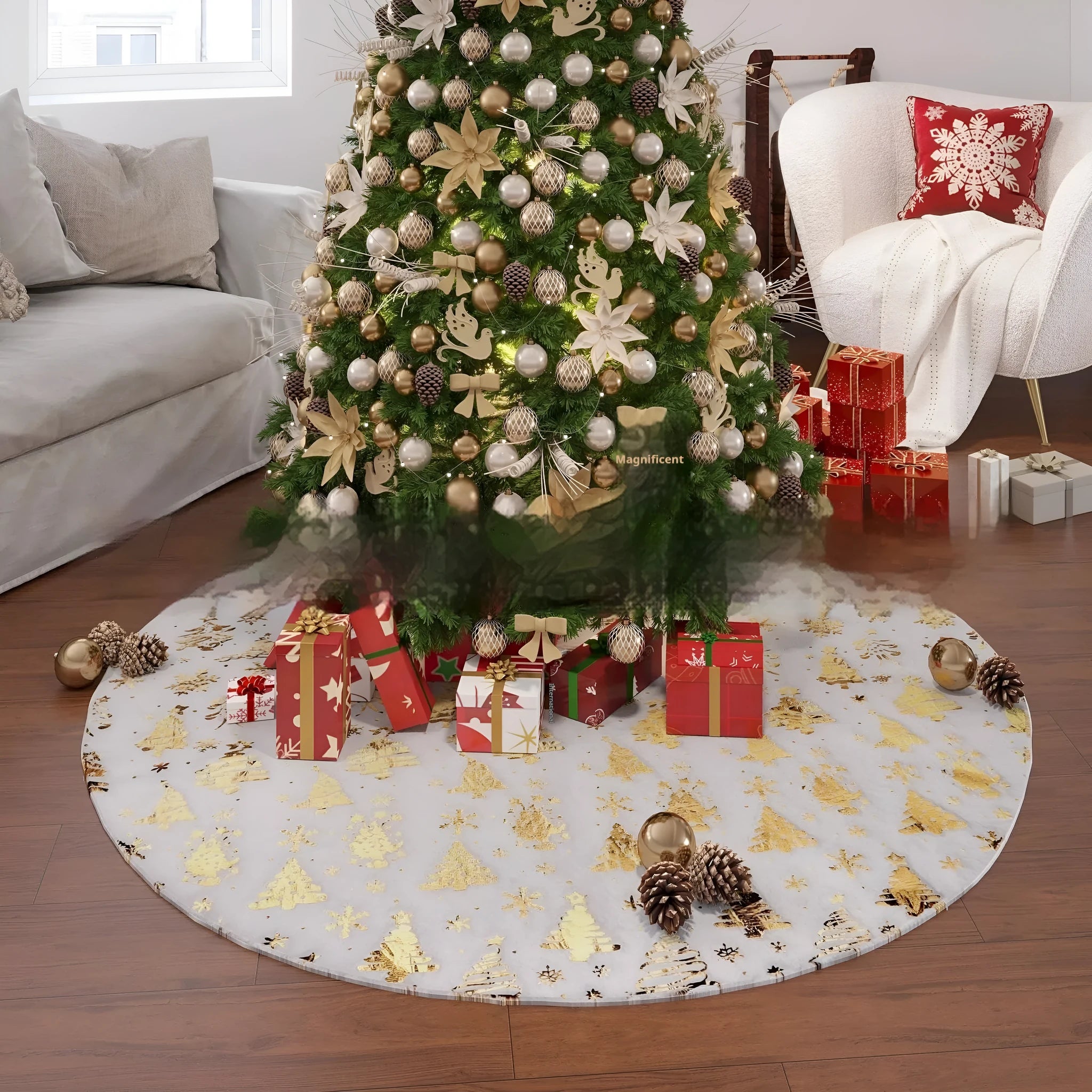 Plush red Christmas tree group mat with white snowflake XINGX pattern on a wooden floor.