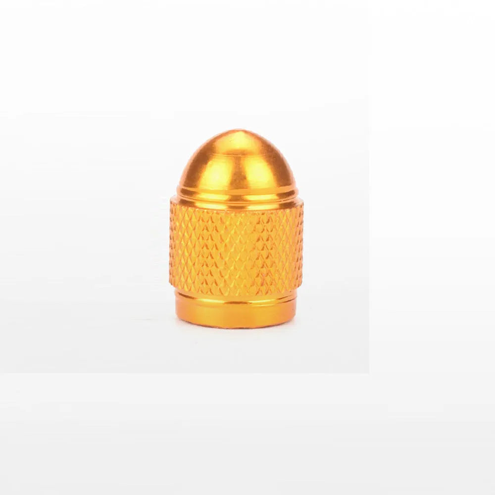 Aluminium alloy mountain bike tyre valve cap in gold, red, silver, blue, and black colours.