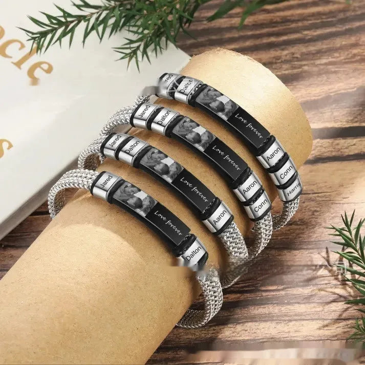 Men's titanium steel and leather rope lettering bracelet with heart-shaped design and multiple bead style options.