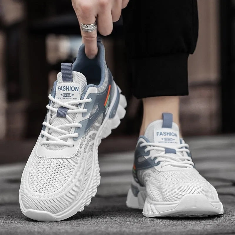 Men's white blue platform casual running shoes with cross shoulder straps and mesh upper