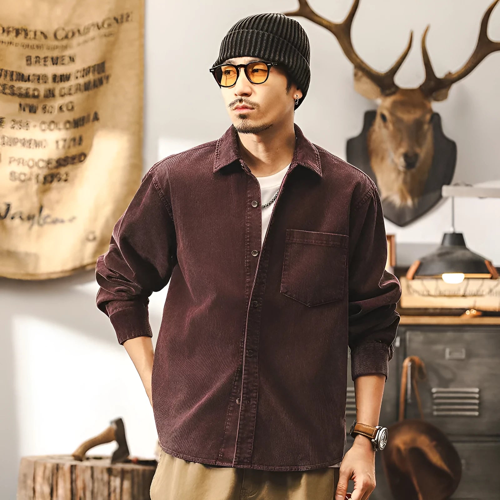 Men's red corduroy shirt jacket with long sleeves and loose fit casual design