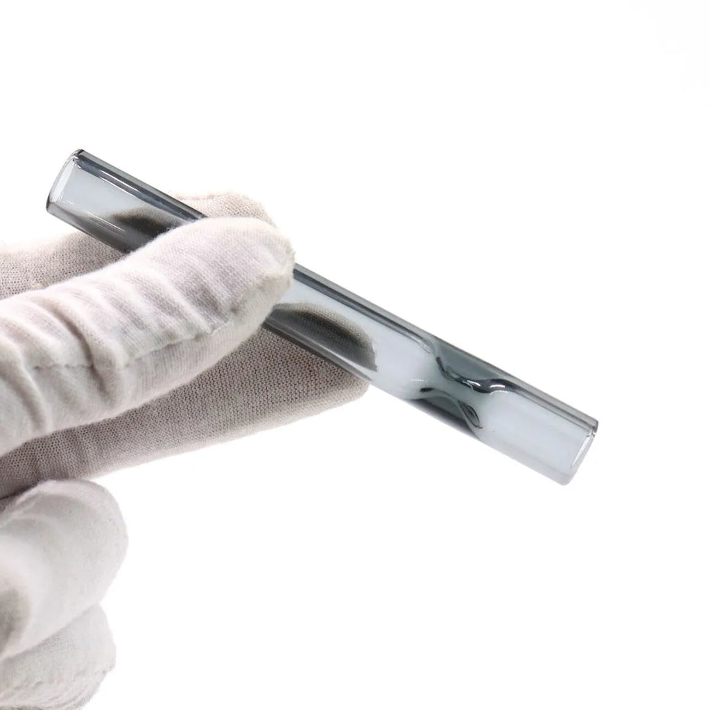 Clear glass telescopic smoke pipe with straight design and pink tint showing suction nozzle