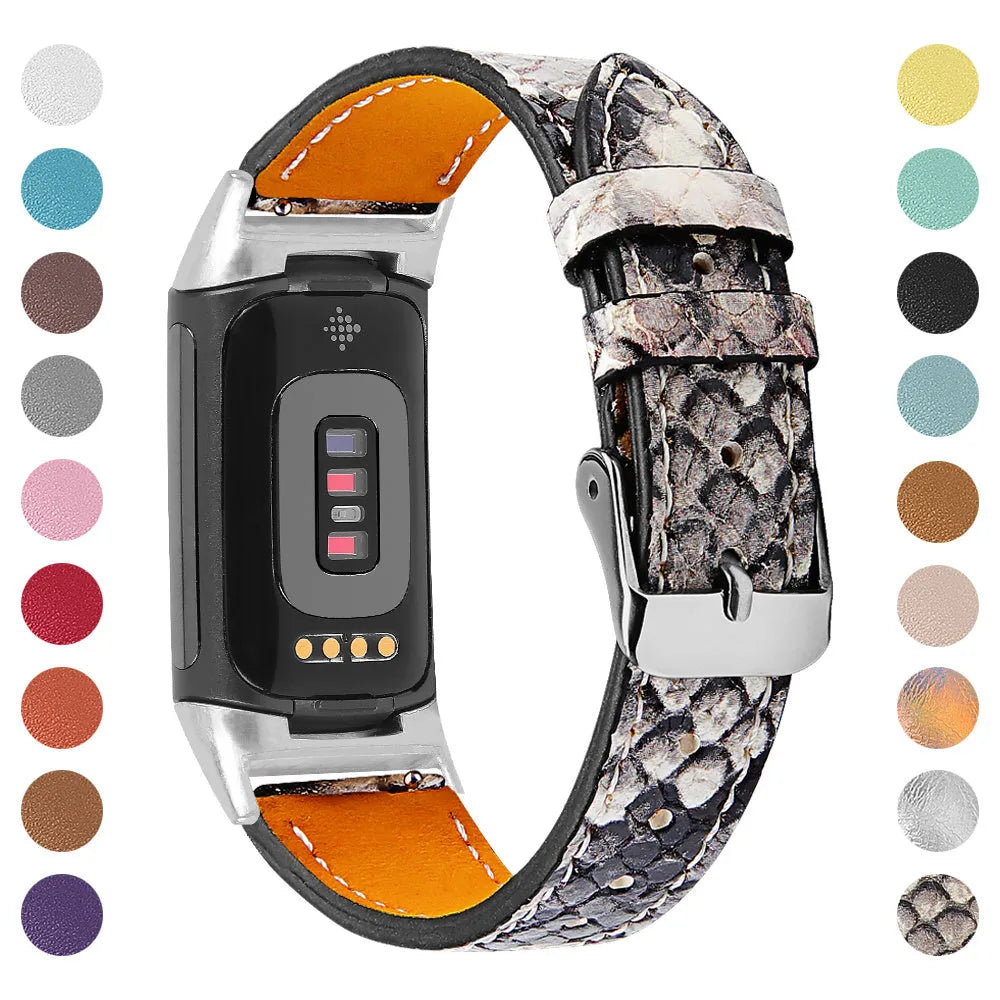 Genuine cowhide leather strap for Fitbit Charge 5 and Charge 6 smartwatch in multiple colour options.