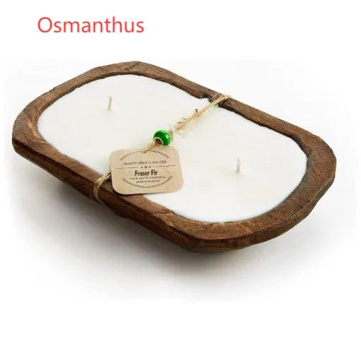 Retro lavender wooden basin containing a soy wax aromatherapy candle with a three-lamp wick.