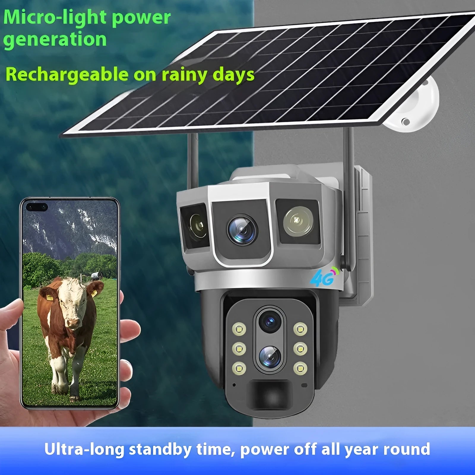 V380 4G outdoor smart monitor camera with triple-screen display showing multiple camera feeds