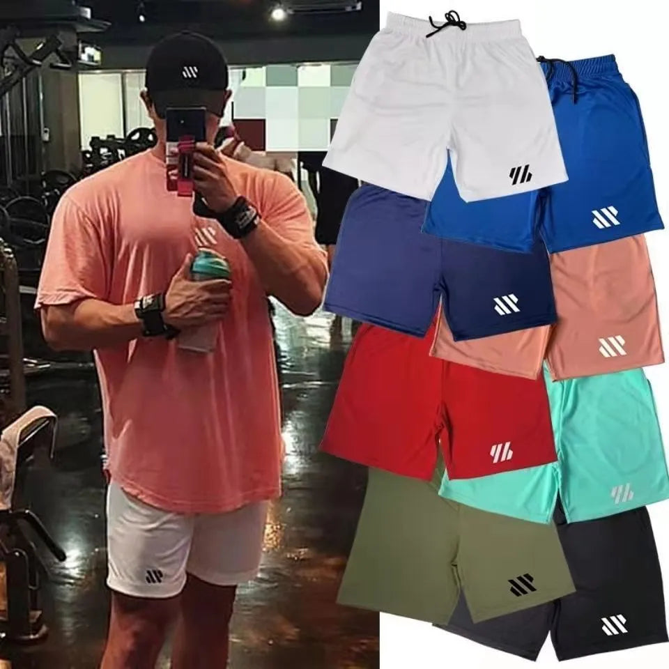 Pair of loose-fitting metal silk sports shorts for running, shown in one of nine available colours.