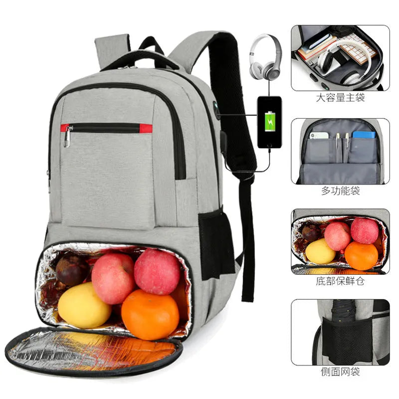 Oxford cloth insulated backpack with curved shoulder straps showing dry-wet separation compartments and pull rod belt accessory