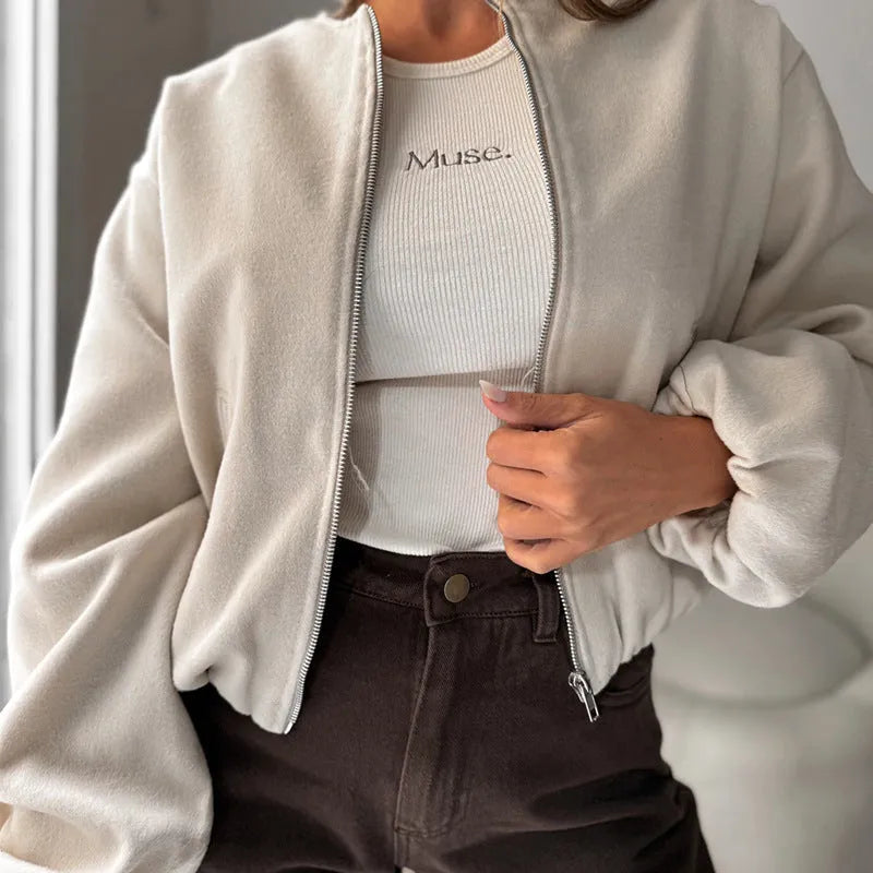Women's off-shoulder short coat with lantern sleeves in polyester fabric, brown colour