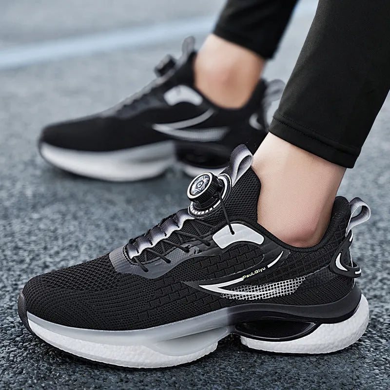 Men's white rotating button running shoes with breathable mesh upper and buckle fastening