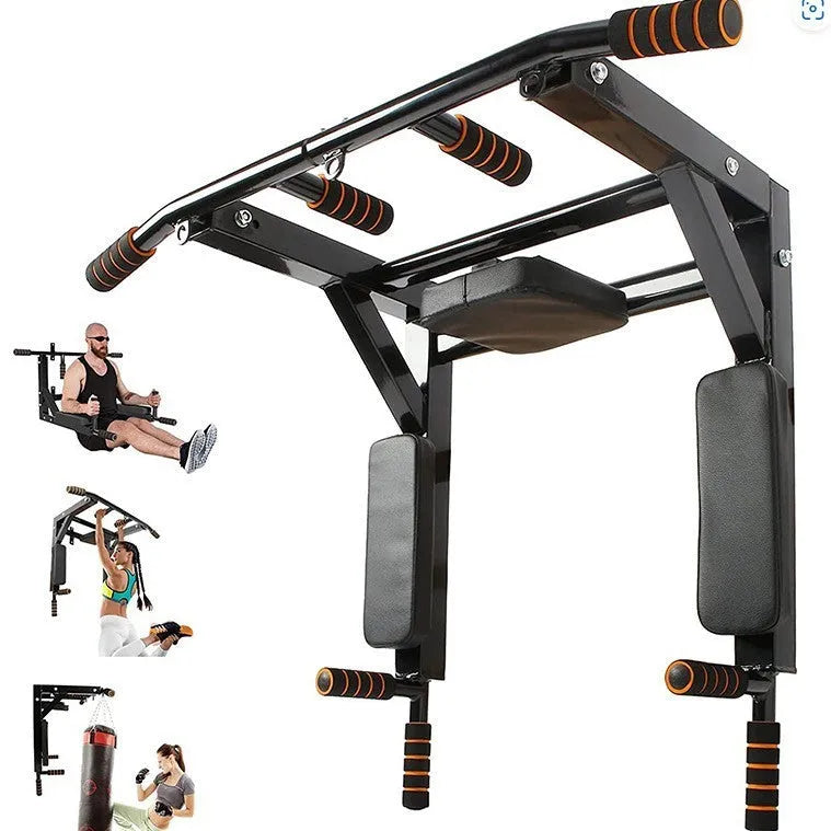 Black wall-mounted fitness frame with sandbag rack and parallel bars for pull-ups