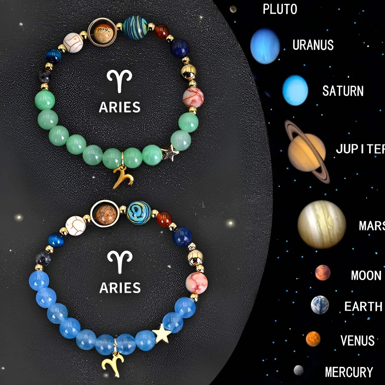 A set of two natural stone beaded bracelets showing zodiac symbol charms on a dark background.