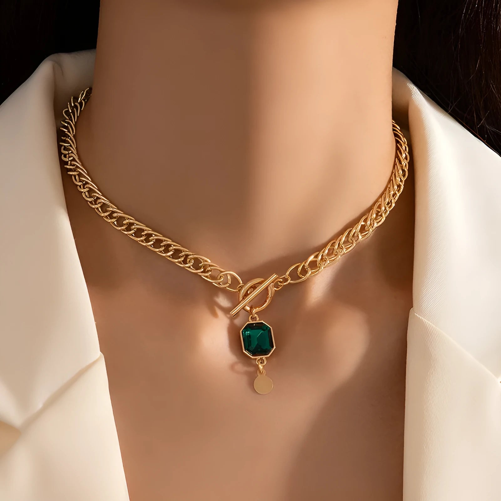 Gold geometric zircon pendant necklace with titanium steel Cuban link chain