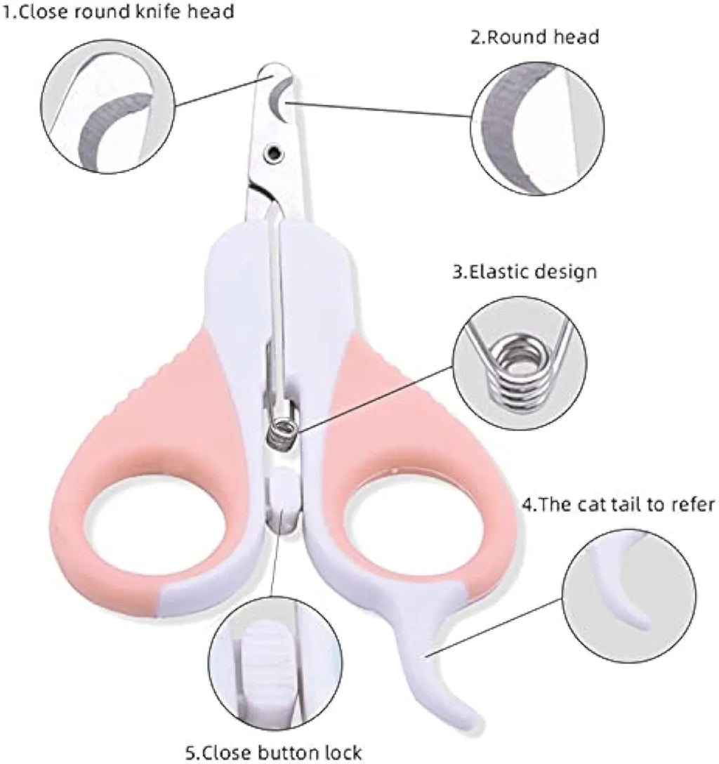 Grey and pink pet nail clippers with angled blade and safety lock for cats and small animals.