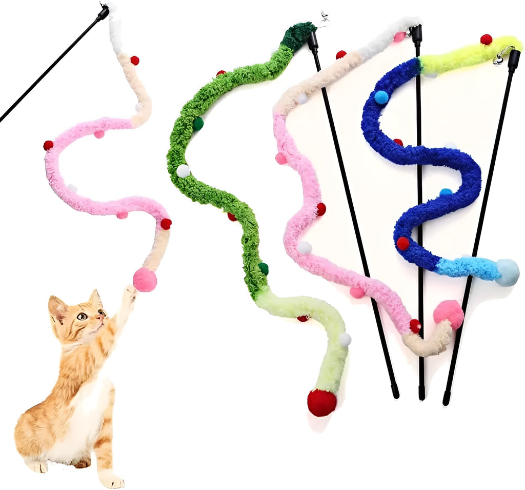 Colourful plush strip cat wand toy with jingle bells on a 41cm long pole