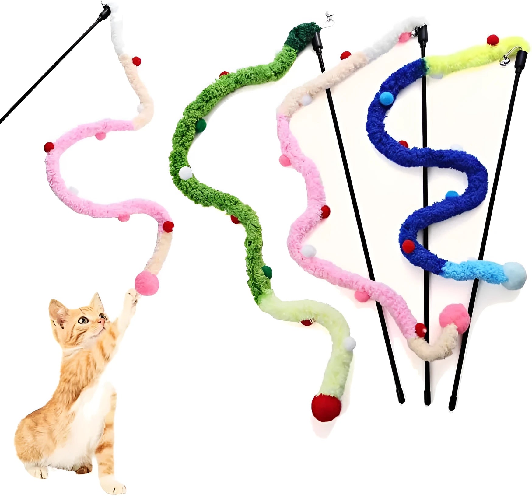 Colourful plush strip cat wand toy with jingle bells on a 41cm long pole