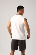Men's black Korean style loose cotton fitness vest showing side hidden hook closure.