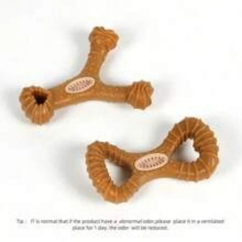 Two nylon dog chew bones showing 8 shape and Y shape designs for teeth cleaning