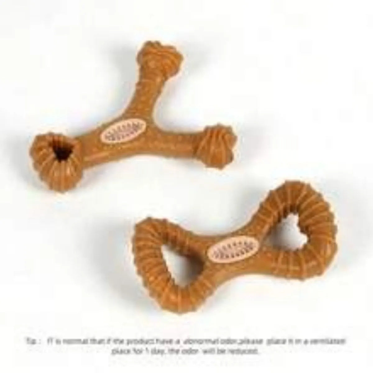 Two nylon dog chew bones showing 8 shape and Y shape designs for teeth cleaning