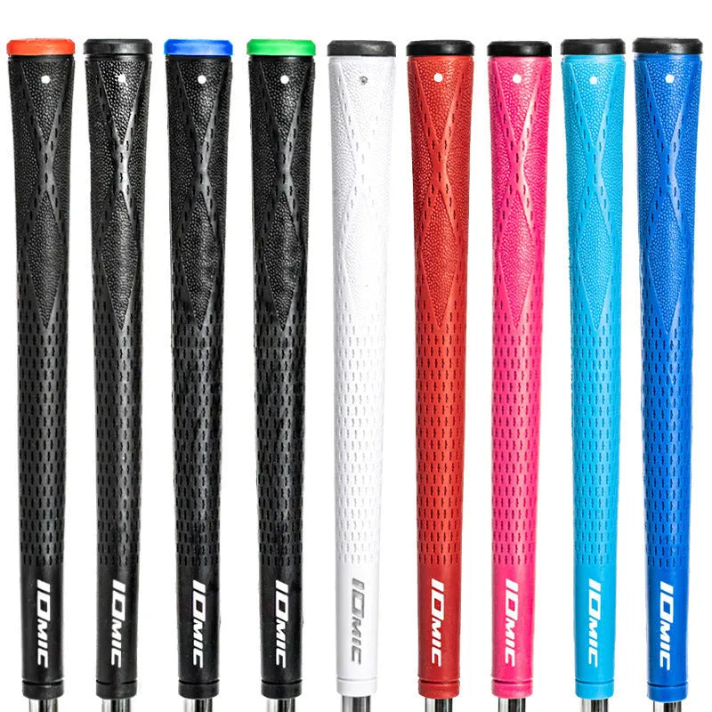 TPE material golf club grip showing colour options including solid colours and black with red, green, or blue accent heads
