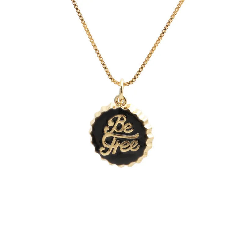 Copper bottle cap pendant necklace with gold electroplating on a box chain, shown in multiple colour options.