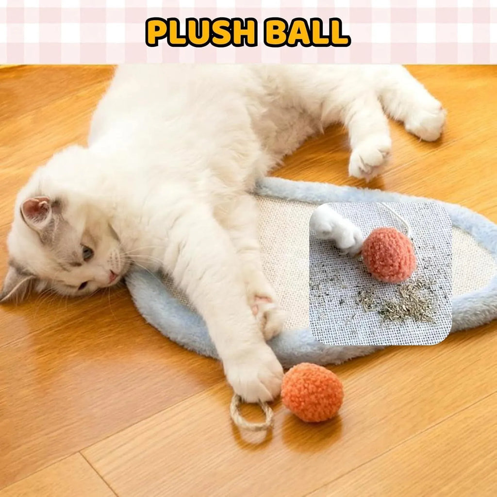 White cat scratching mat with sleeping cat pattern and curved shape