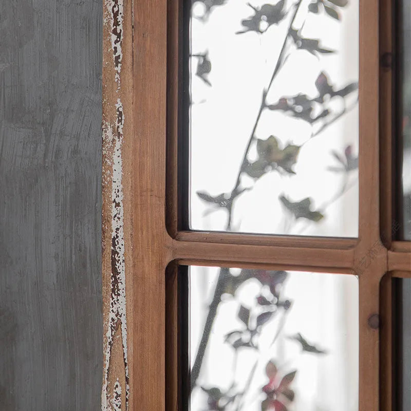 Terrace distressed fake window style wall mirror with log coloured wooden frame and glass