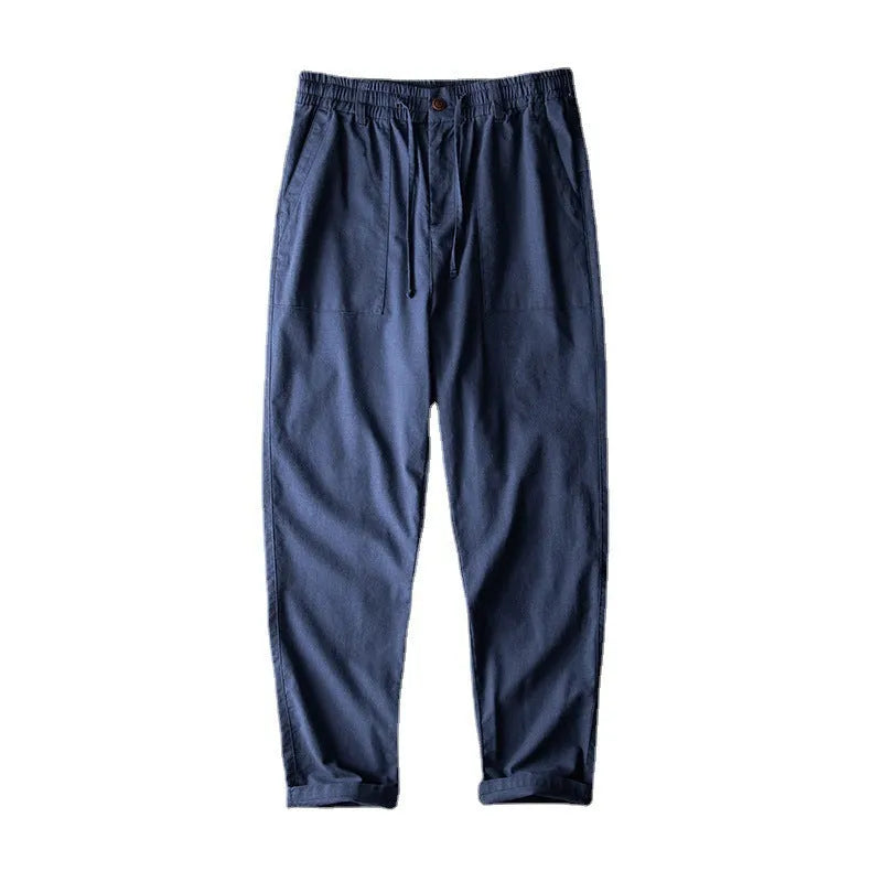 Men's linen casual trousers in navy blue, apricot hemp grey, and grey colours with mid waist design