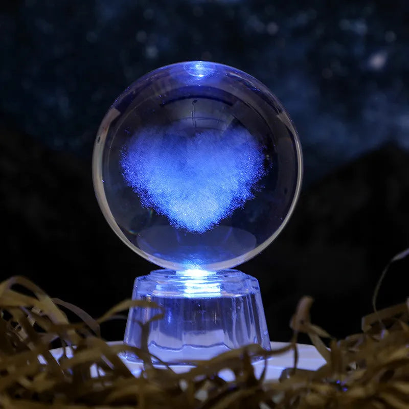 White crystal ball ornament with inner carving on fixed base for tabletop display