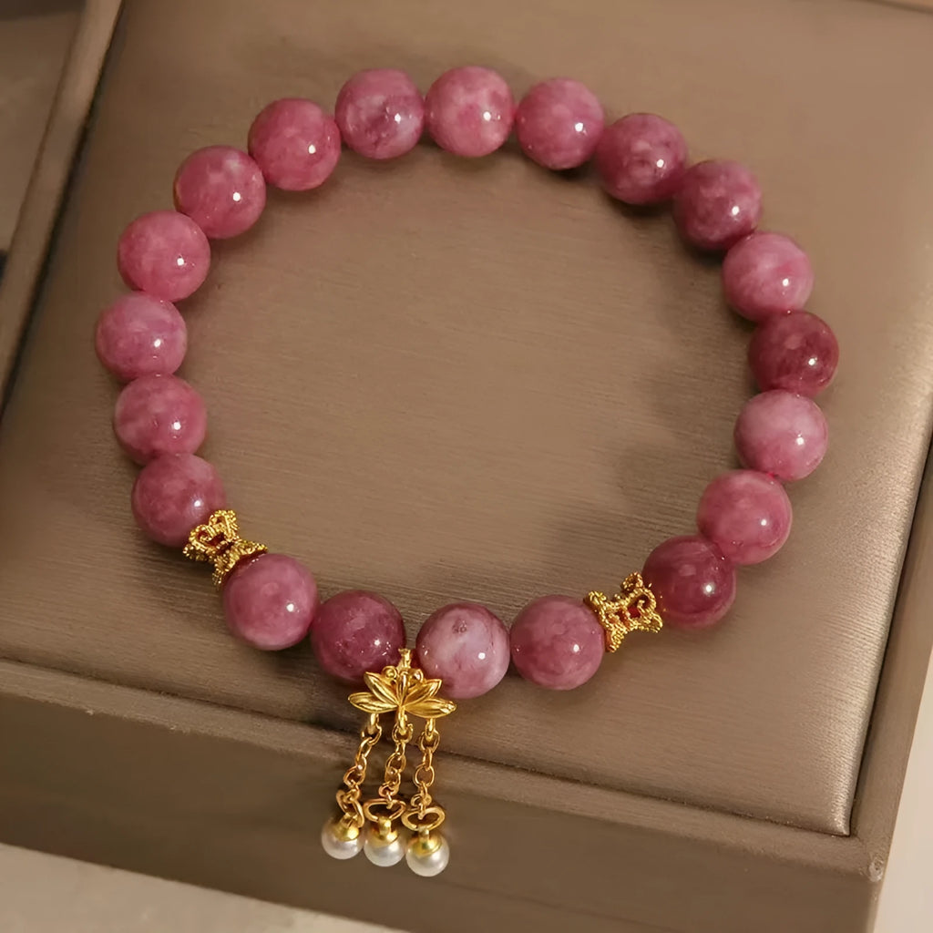 Women's natural stone bracelet with pink lotus tassel and pearl pendant design