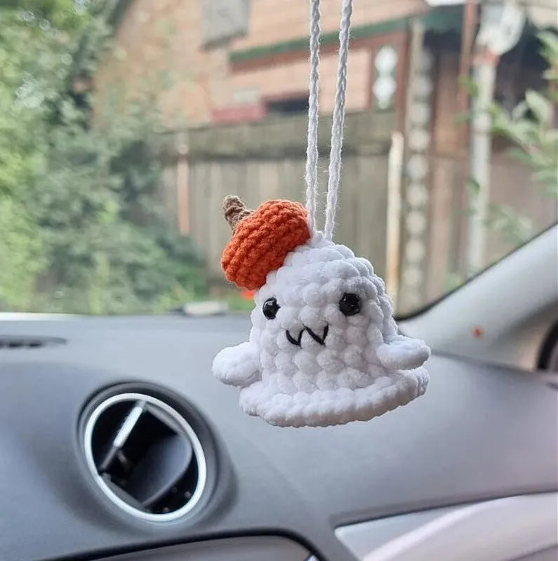 Plush hand-woven car hanging ornament with Halloween cartoon design on polyester fabric