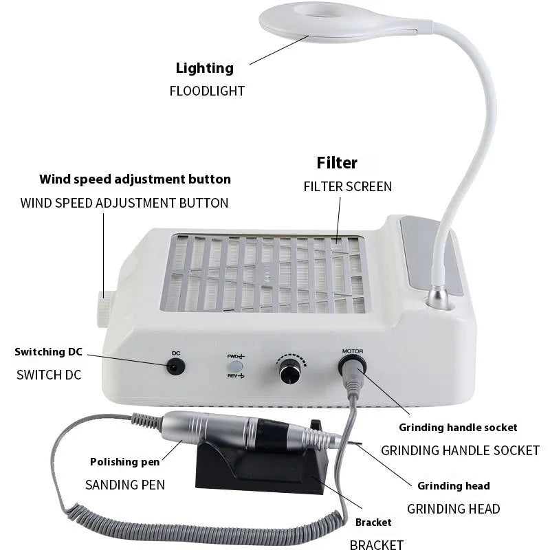 White multifunctional nail polishing machine with vacuum cleaner and four-in-one grinder system