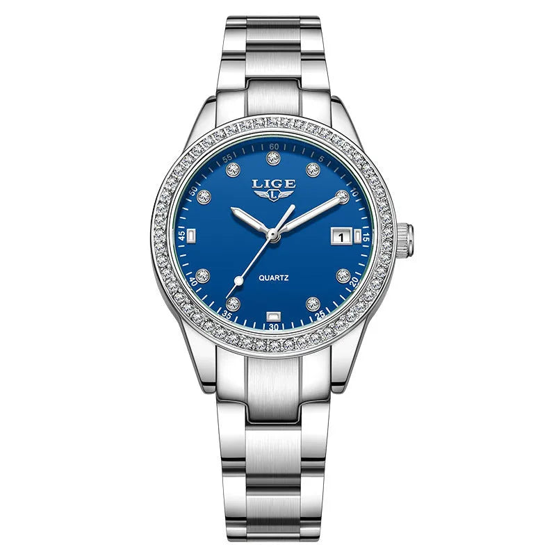 Women's silver fashion watch with diamond bezel, luminous hands and round dial