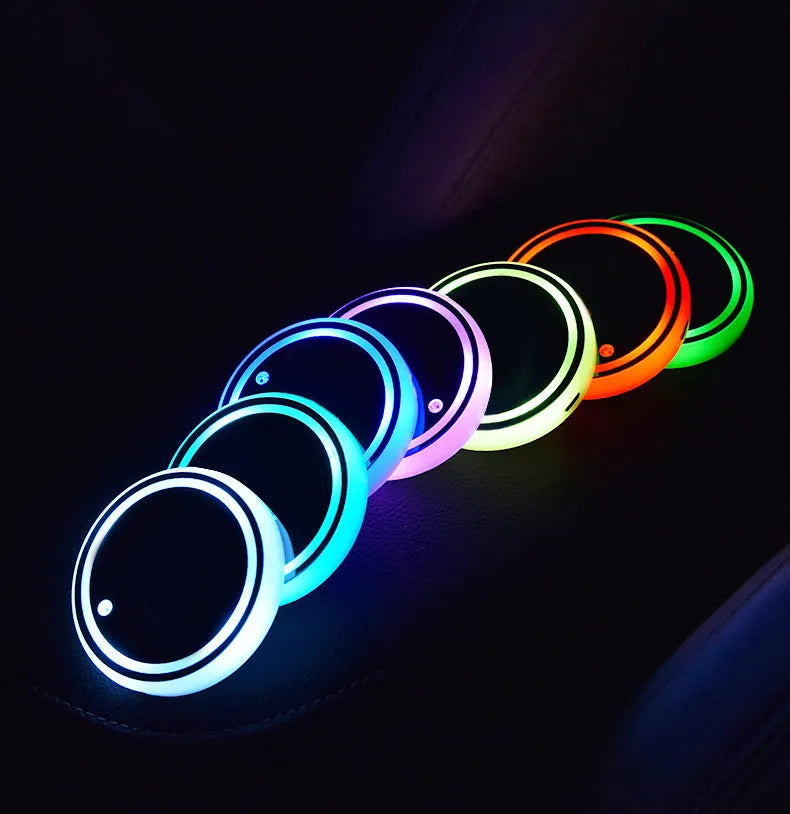 Colourful LED light-up acrylic coaster for car cup holders with control button and USB cable