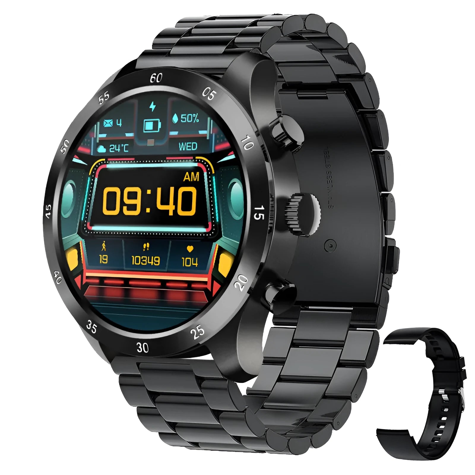Black smart watch with touch screen displaying heart rate and call functions