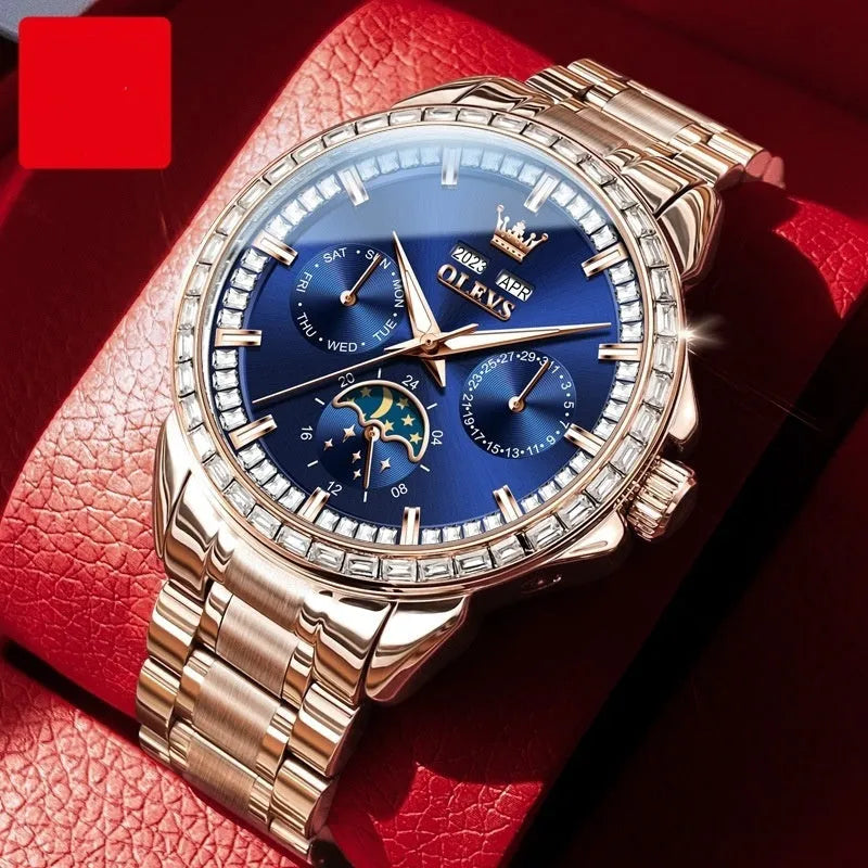 Men's automatic mechanical watch with diamond dial on stainless steel strap