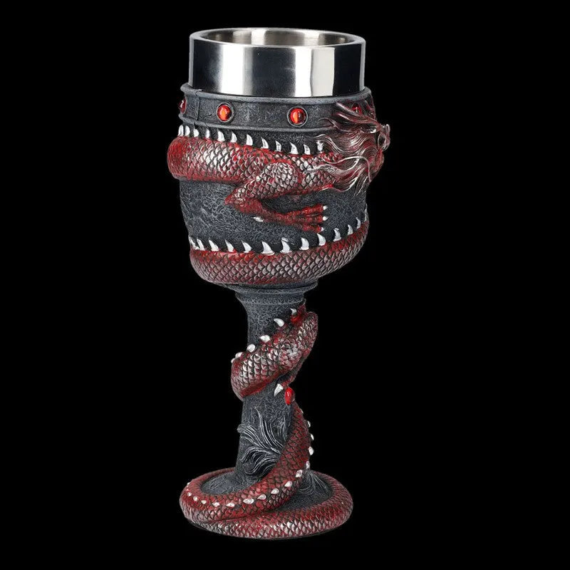 Red wine glass with Chinese dragon 3D design in stainless steel and resin, gold or red finish