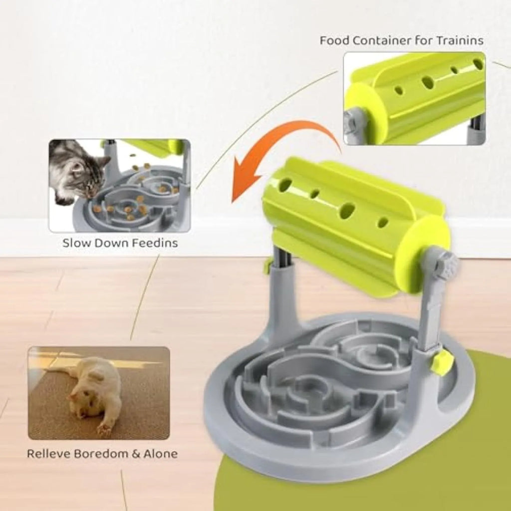 Blue interactive slow feeder puzzle bowl for pets with raised patterns and adjustable height