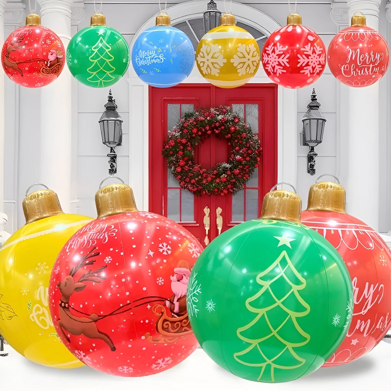 Large red inflatable Christmas ball with snowflake pattern and flash light, shown with a hand pump in a garden setting.