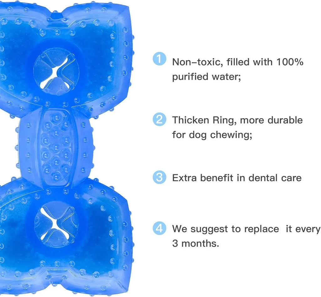 Freezable water-filled dog cooling chew toy in bones and circles designs with treat compartment.