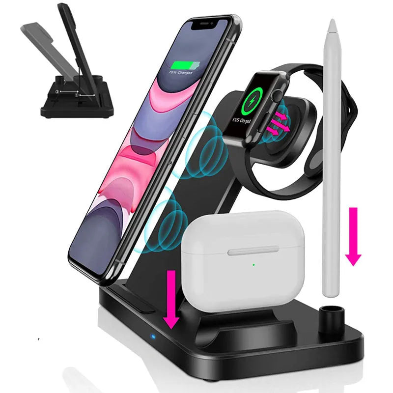 15W folding 4-in-1 wireless charging stand showing iPhone and Apple Pencil charging simultaneously