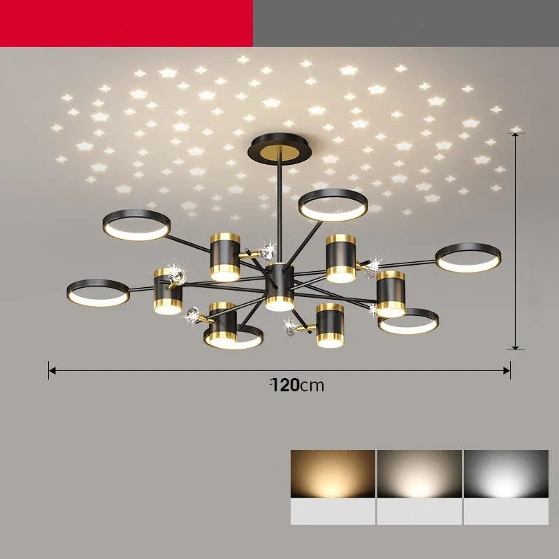 Black iron pendant chandelier with 13 light heads in Nordic star design