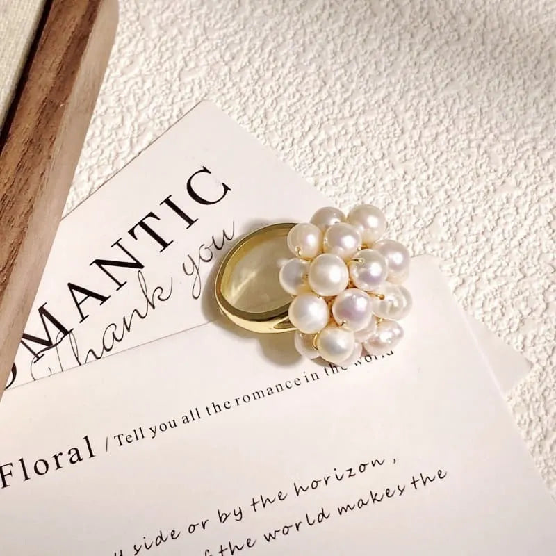 White pearl open ring geometric shape non-fading finish handmade fashion OL style on white background