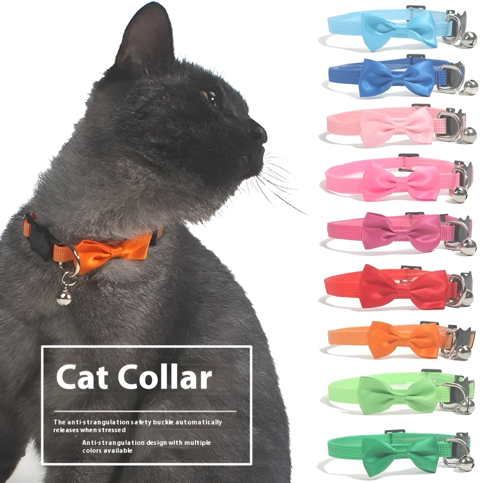 Multi-colour striped nylon bow collar for cats with bell decoration in adjustable design