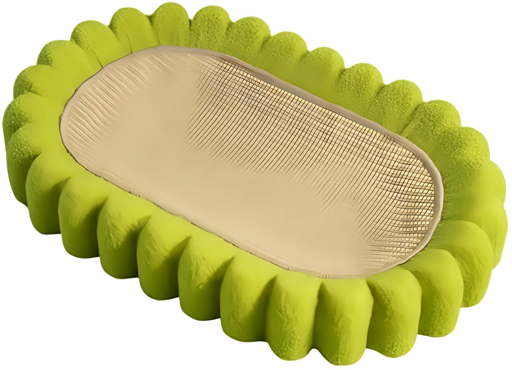 Green oval cat scratch pad and lounge bed made from sisal material