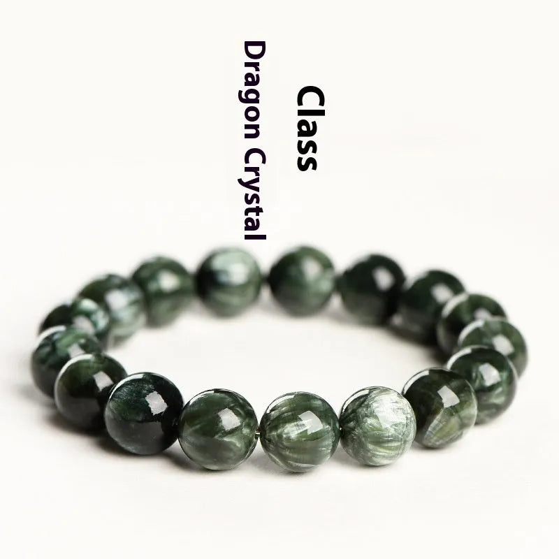 Green Dragon Crystal bracelet with 8-9mm round beads and geometry design featuring Ruyi elements