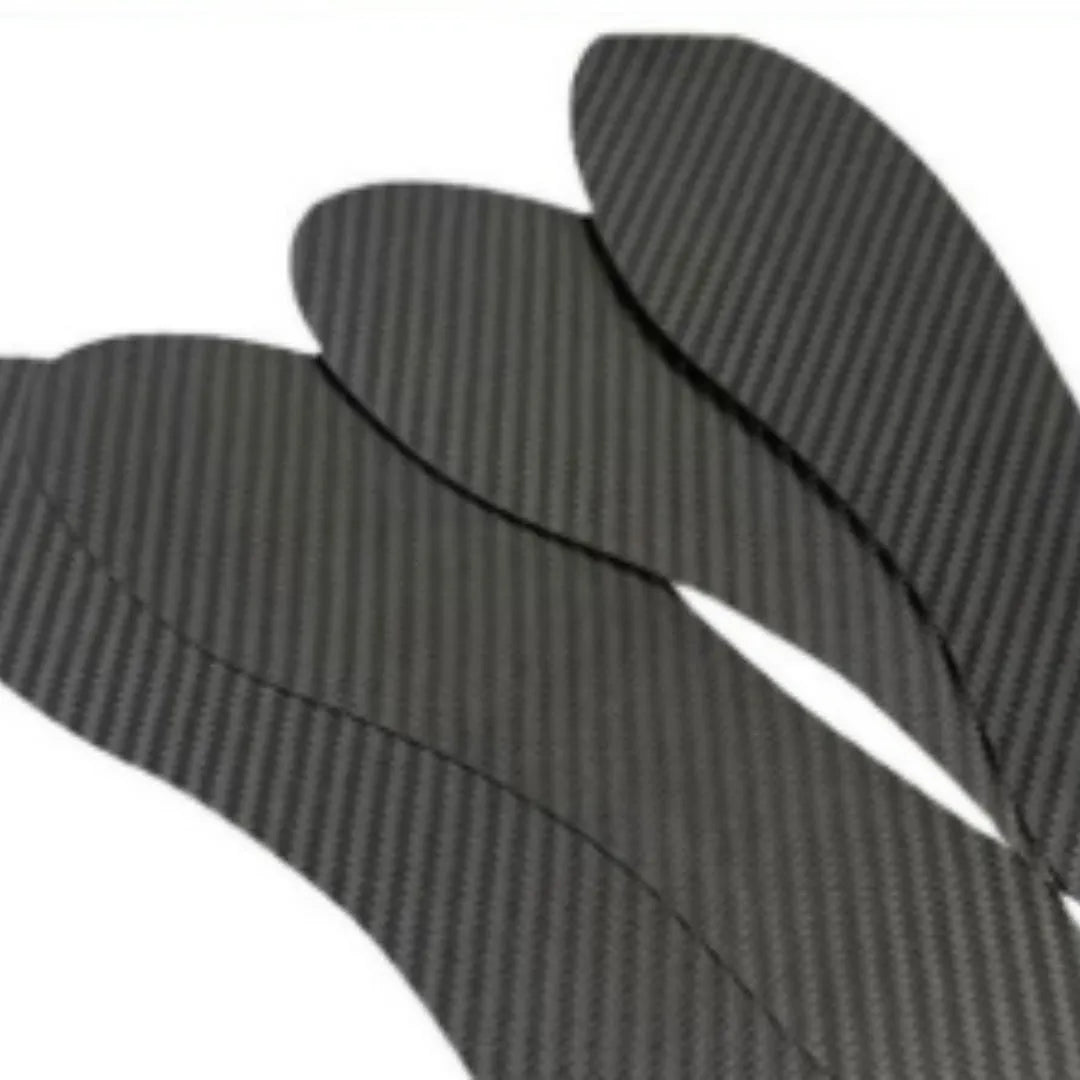 Black 3K carbon fibre running insoles shown in three thickness options: 0.8mm, 1.0mm, and 1.2mm.