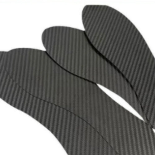 Black 3K carbon fibre running insoles shown in three thickness options: 0.8mm, 1.0mm, and 1.2mm.
